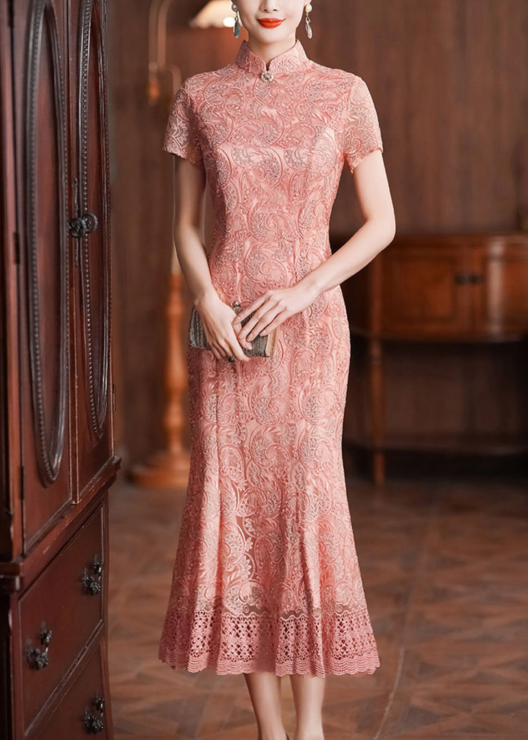 Classy Pink Stand Collar Lace Patchwork Long Dresses Summer