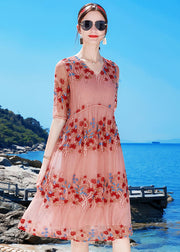 Classy Pink V Neck Embroidered Silk Holiday Cinch Dress Short Sleeve