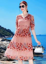 Elegantes rosa V-Ausschnitt besticktes Seiden-Feiertags-Cinch-Kleid mit kurzen Ärmeln