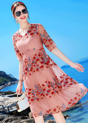 Classy Pink V Neck Embroidered Silk Holiday Cinch Dress Short Sleeve