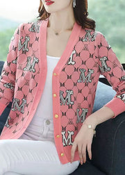Classy Pink V Neck Jacquard Patchwork Woolen Loose Cardigans Fall