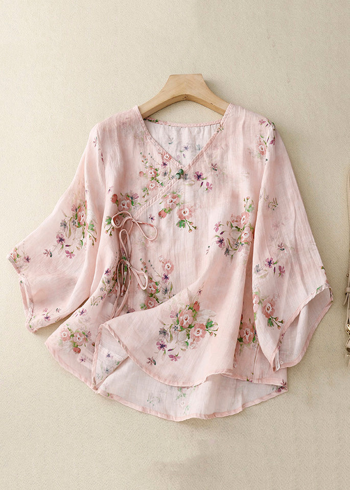 Classy Pink V Neck Lace Up Print Cotton Shirts Spring