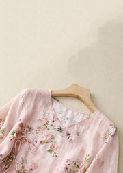 Classy Pink V Neck Lace Up Print Cotton Shirts Spring