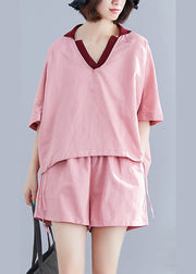 Classy Pink V Neck Oversized Cotton Two Pieces Set Batwing Sleeve