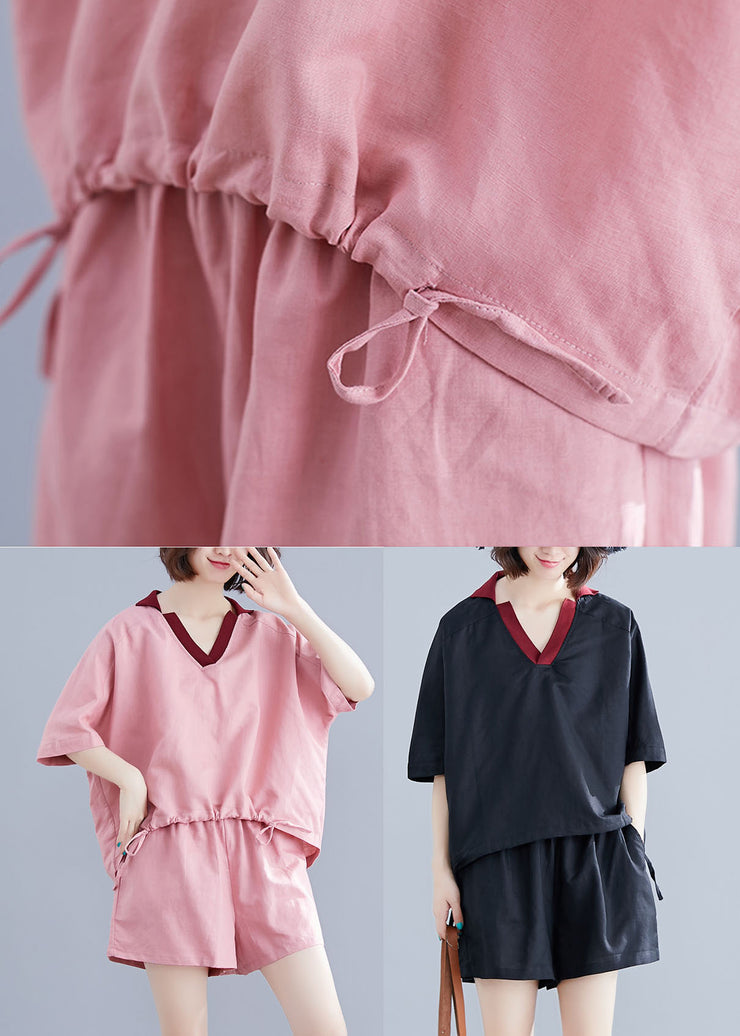 Classy Pink V Neck Oversized Cotton Two Pieces Set Batwing Sleeve