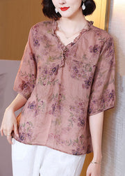 Classy Pink V Neck Ruffled Print Patchwork Linen Shirt Top Summer