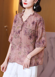 Classy Pink V Neck Ruffled Print Patchwork Linen Shirt Top Summer