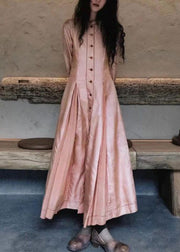 Classy Pink Wrinkled Button Pockets Cotton Maxi Dresses Spring