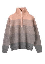 Classy Pink Zip Up Gradient Color Knit Loose Sweatshirts Top Winter