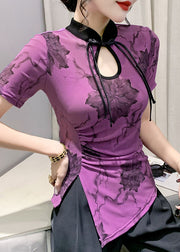 Classy Purple Asymmetrical Hollow Out Tops Short Sleeve