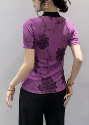 Classy Purple Asymmetrical Hollow Out Tops Short Sleeve
