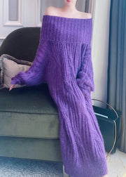 Classy Purple Cold Shoulder Patchwork Ma Hai Mao Knit Sweater Dress Winter
