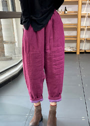 Classy Purple Elastic Waist Oversized Applique Fine Cotton Filled Harem Pants Winter