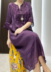 Classy Purple Embroidered Patchwork Linen Dress Two Pieces Set Summer