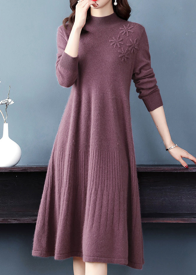 Classy Purple Embroidered Patchwork Woolen Dresses Fall