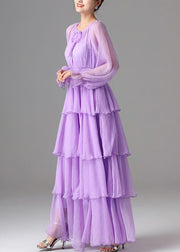 Classy Purple Lace Up Chiffon Exra Large Hem Dress Spring