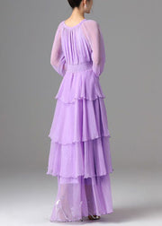 Classy Purple Lace Up Chiffon Exra Large Hem Dress Spring