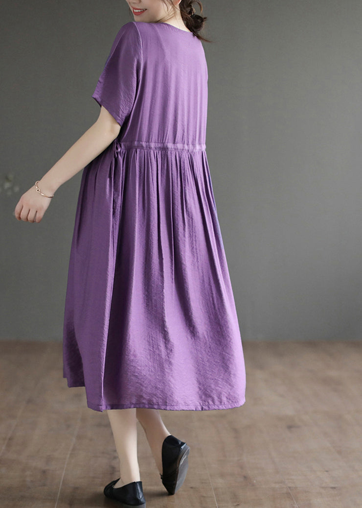 Classy Purple O-Neck Embroidered Cotton Dress Summer