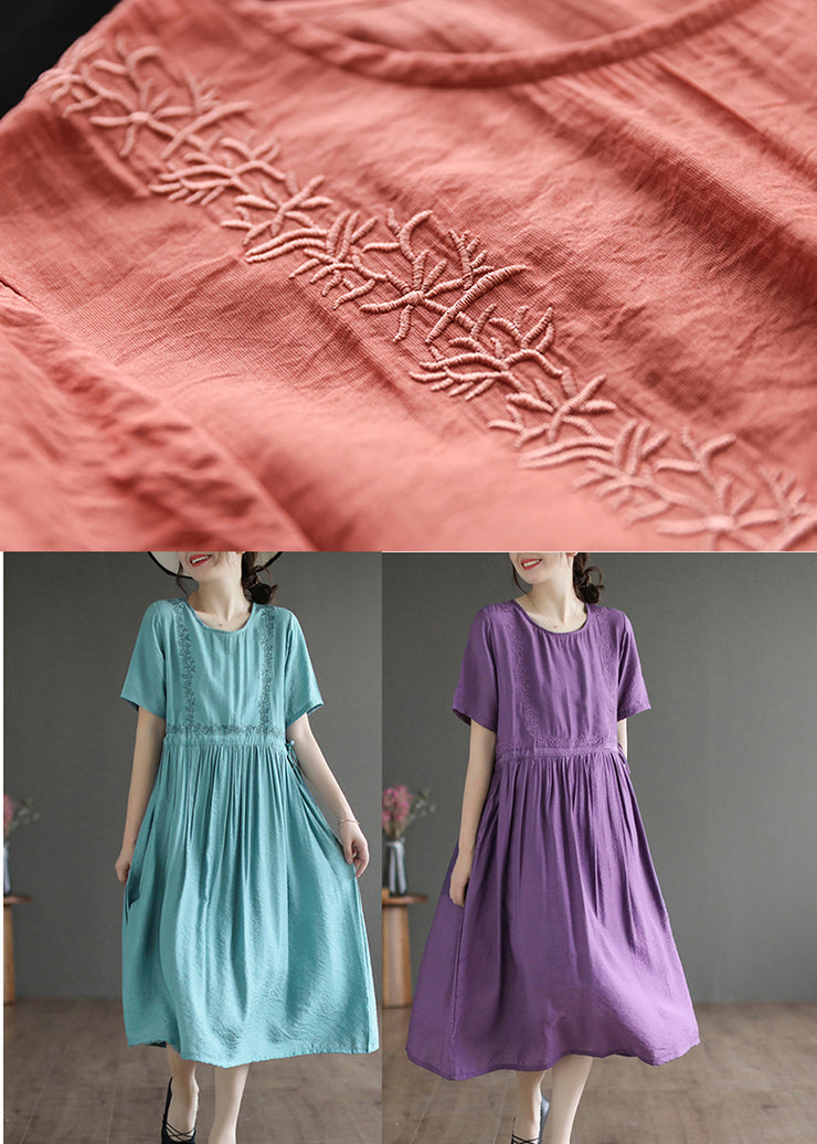 Classy Purple O-Neck Embroidered Cotton Dress Summer