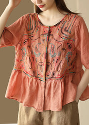 Classy Purple O-Neck Embroidered Patchwork Linen Blouse Tops Summer