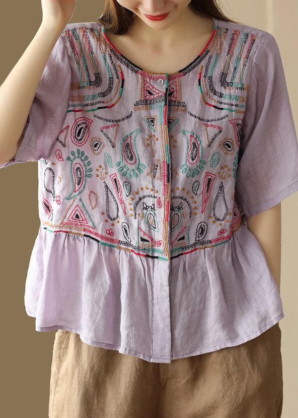 Classy Purple O-Neck Embroidered Patchwork Linen Blouse Tops Summer