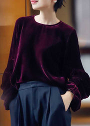 Classy Purple O-Neck Oversized Silk Velour Shirt Top Long Sleeve