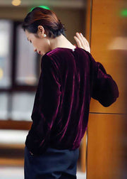 Classy Purple O-Neck Oversized Silk Velour Shirt Top Long Sleeve