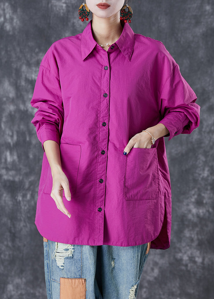 Classy Purple Oversized Pockets Cotton Blouses Fall