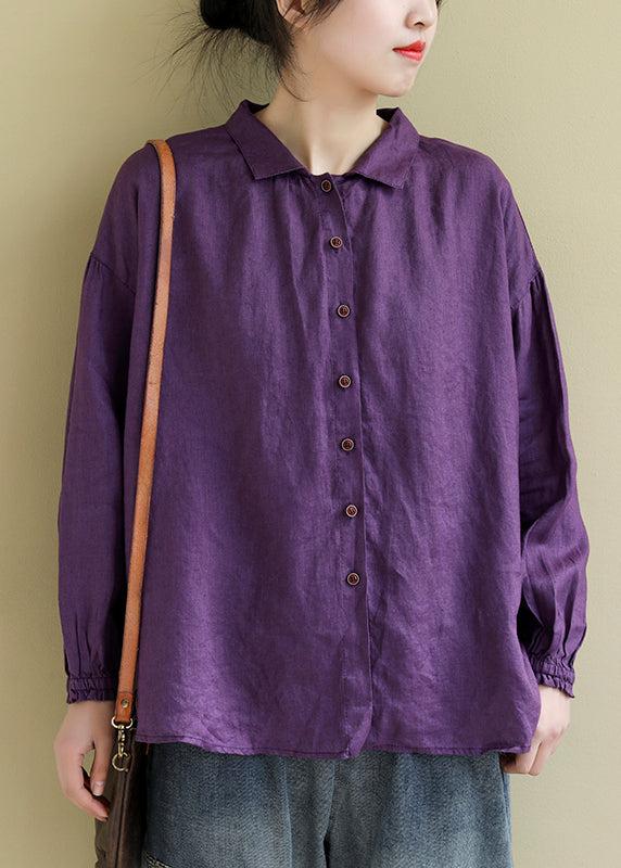 Classy Purple Oversized Wrinkled Linen Shirt Top Spring