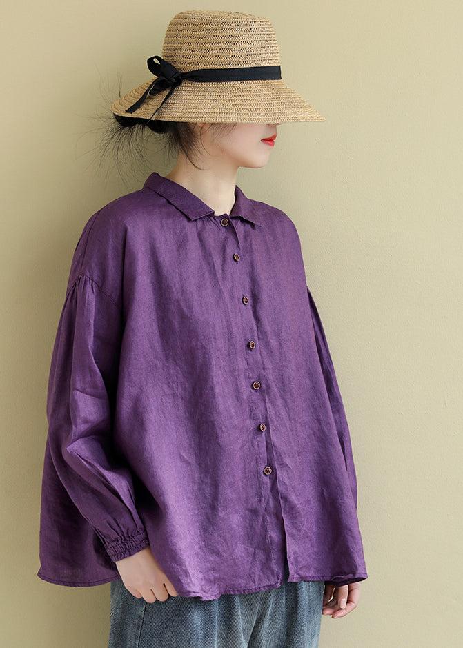 Classy Purple Oversized Wrinkled Linen Shirt Top Spring