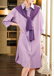 Classy Purple Peter Pan Collar Low High Design Cotton Shawl And Maxi Shirt Dress Two Pieces Set Summer