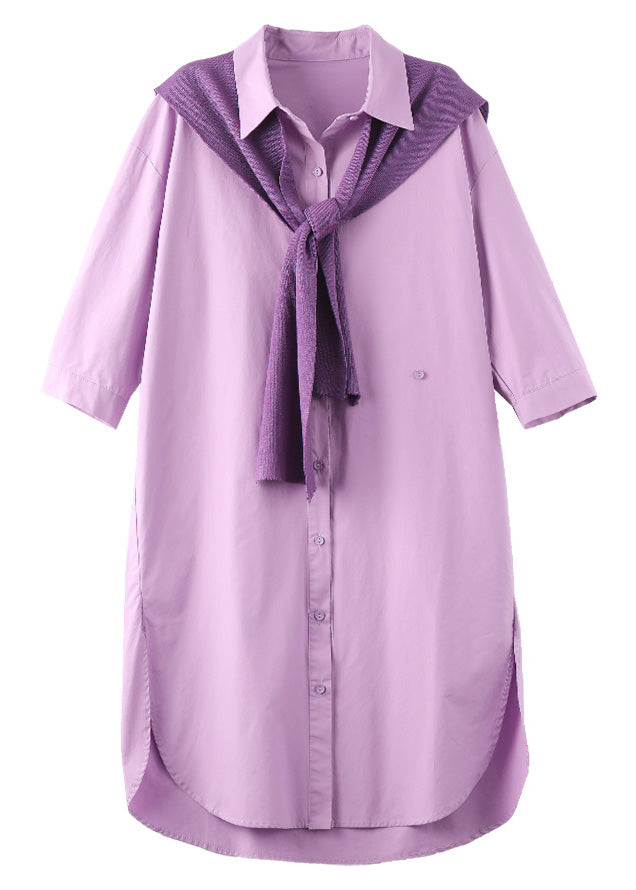Classy Purple Peter Pan Collar Low High Design Cotton Shawl And Maxi Shirt Dress Two Pieces Set Summer