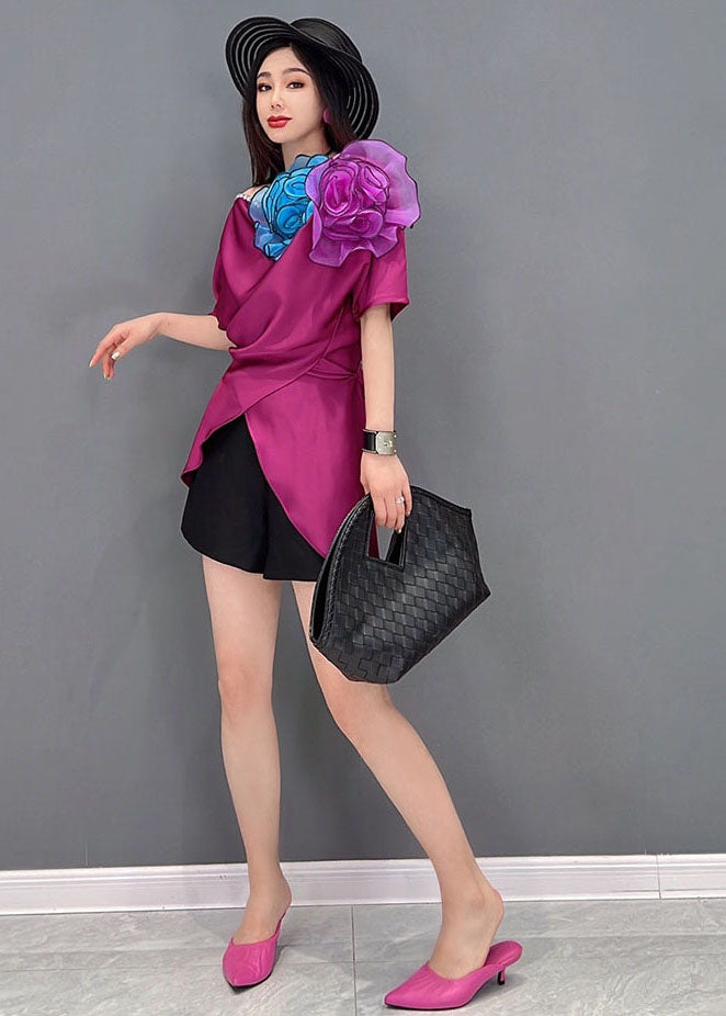 Classy Purple Red Asymmetrical Design Floral Silk Shirt Vestidos Short Sleeve