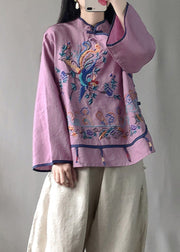 Classy Purple Stand Collar Embroidered Floral Linen Top Long Sleeve
