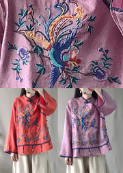Classy Purple Stand Collar Embroidered Floral Linen Top Long Sleeve
