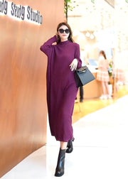 Classy Purple Stand Collar Solid Color Knit Long Sweater Dress Spring