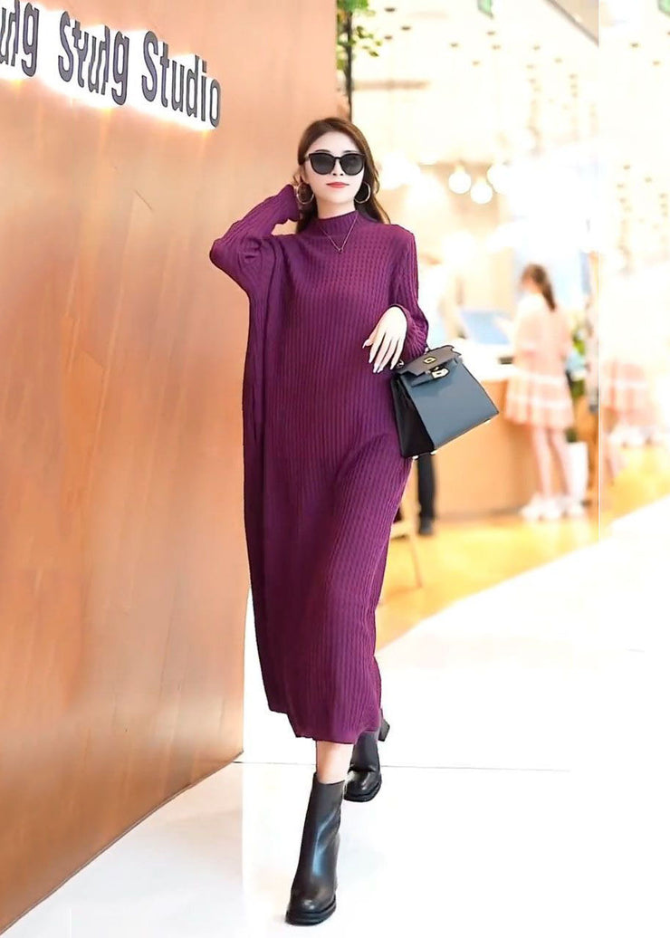 Classy Purple Stand Collar Solid Color Knit Long Sweater Dress Spring