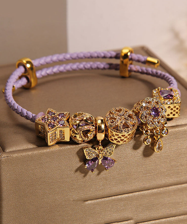 Classy Purple Sterling Silver Overgild Zircon Butterfly Star Water Drop Charm Bracelet