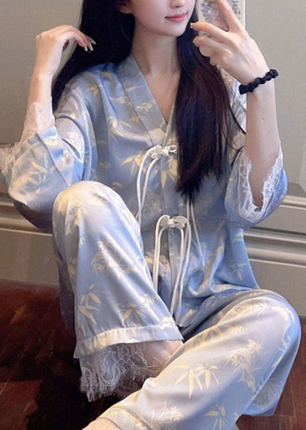 Classy Purple Tasseled Lace Patchwork Ice Silk Two-Piece Set Pajamas Long Sleeve