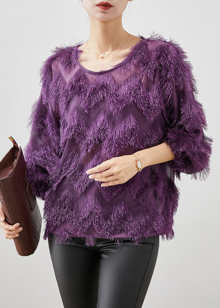 Classy Purple Tasseled Patchwork Cotton Top Fall