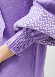 Classy Purple V Neck Patchwork Knit Long Sweater Lantern Sleeve