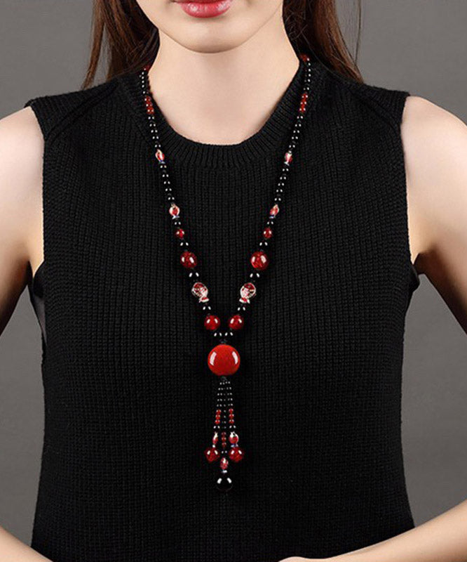 Classy Red Agate Coloured Glaze Cloisonne Pendant Necklace