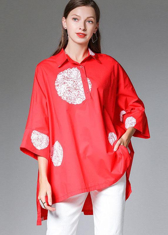 Classy Red Bat Wing Sleeve Dot low High Design Fall Cotton Shirt Tops - SooLinen