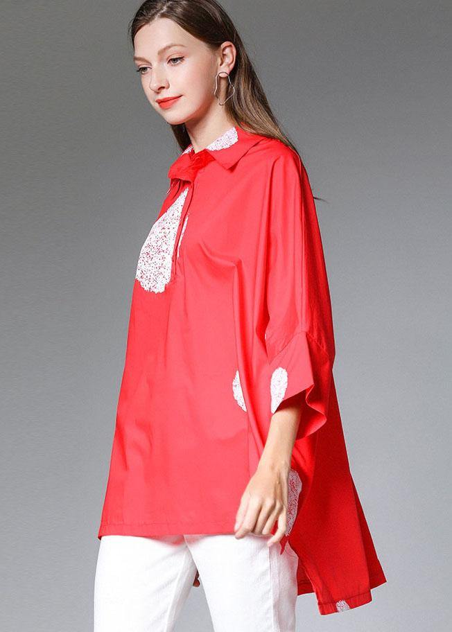 Classy Red Bat Wing Sleeve Dot low High Design Fall Cotton Shirt Tops - SooLinen