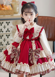 Classy Red Bow Ruffled Patchwork Kids Mid Dress Long Sleeve