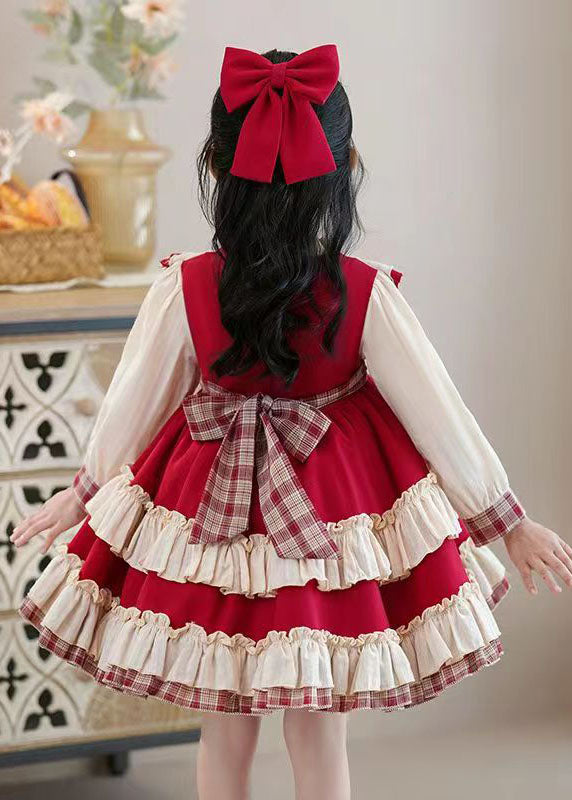 Classy Red Bow Ruffled Patchwork Kids Mid Dress Long Sleeve