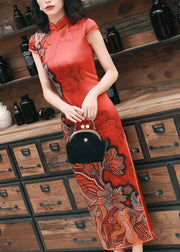 Classy Red Button Print Side Open Silk Long Dresses Summer