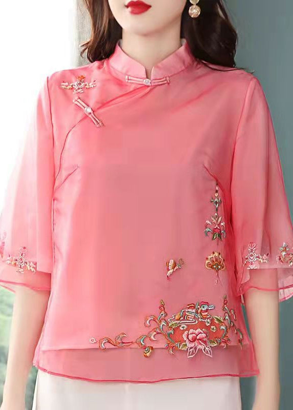 Classy Red Embroidered Chines Button Patchwork Chiffon Top Half Sleeve