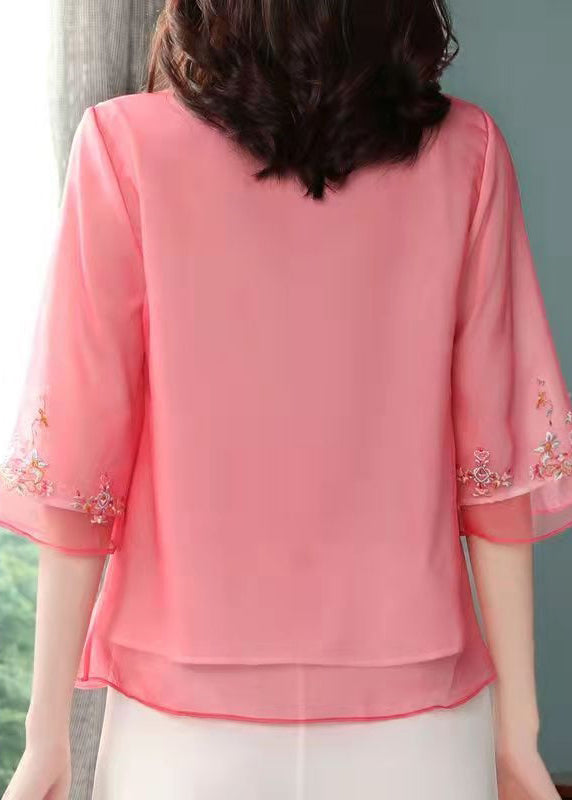 Classy Red Embroidered Chines Button Patchwork Chiffon Top Half Sleeve