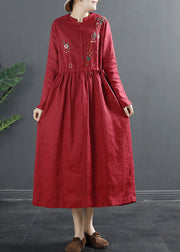 Classy Red Embroidered Linen Cinched Dresses Spring